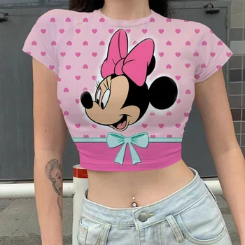 Disney lūpų spausdinti Mickey Mouse Minnie Harajuku Goth Derliaus Slim Trumpas Pasėlių Viršuje Streetwear Seksualus Vasaros Y2K Atsitiktinis Moterų Marškinėliai