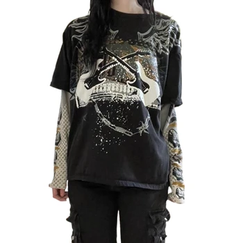 y2k Viršuje Grunge Estetinės Grafinis Spausdinti Kratinys Long Sleeve T Shirts Punk Drabužiai Moterims Gotikos Stiliaus Tee Streetwear