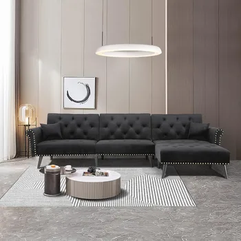 Aksomo Kabrioletas Sofa, Moderni L-formos Smaigalys-galvos Kampe Sofa, Grįžtamasis Karieta Longue su 2 Pagalvės ir Gyvenamasis Kambarys