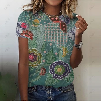 Bohemiškas Stilius moteriški marškinėliai Gėlių Spausdinti Harajuku Drabužius 2023 Naujas O-Kaklo Palaidinė Moterų Atsitiktinis Negabaritinių trumpomis Rankovėmis Viršūnes