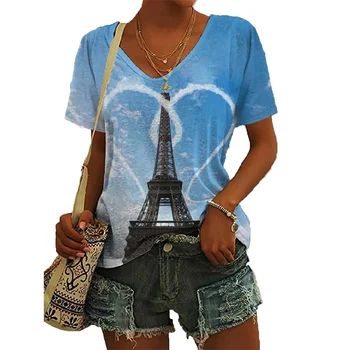 Vasaros Eifelio Bokšto 3D Print T-marškinėliai Moterims Atsitiktinis Mados Streetwear trumpomis Rankovėmis V-Kaklo Marškinėliai Harajuku Tees Viršūnes Drabužiai