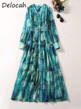 Delocah Aukštos Kokybės Rudenį Moterų Mados Dizaineris Atostogų Suknelė Ilgai Žibintų Rankovės Diržo Colorblock Spausdinti Marškinėliai Stiliaus Suknelės