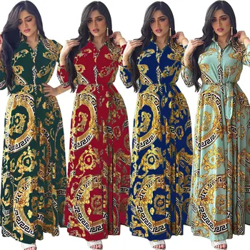 Pavasario Vasaros Moterų Musulmonų Suknelė Abaja Marokas Dubajus Ramadanas Spausdinti Marškinėliai Maxi Suknelės Moterų Elegantiškas Šifono Ilgas Chalatas, Naujas