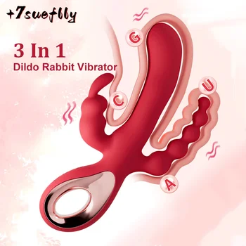Rabbit vibratorius, tinkamas moterims trys viename Clintoris G Spot Dildo stimuliatorius analinis granulės suaugusiųjų sekso žaislas masturbacija produktas