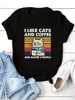 Katė ir Kavos Print T-shirt, Atsitiktinis Trumpas Rankovės Įgulos Kaklo marškinėliai, moteriški Drabužiai
