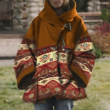 Etninės Derliaus Geometrijos Spausdinti Kratinys Paltas Moterų Skara Šiltas Vilnonis Paltas Švarkas Fall Winter Ilgomis Rankovėmis Pocket Cardigan Viršų