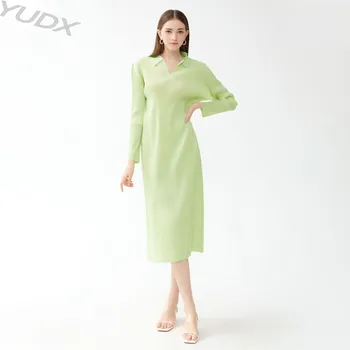 YUDX Miyake Moterų Suknelė iki 2023 m. Rudenį Plisuotos POLO Apykakle ilgomis rankovėmis vientisos Spalvos Japonija Korėja Temperamentas Atsitiktinis A-line Dresses