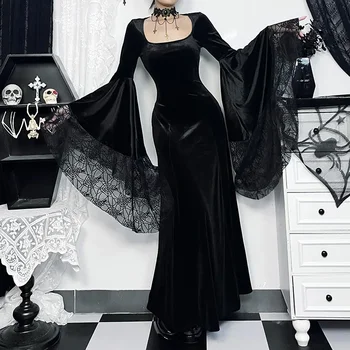 Helovinas Gotikos Vintage Suknelė Moterims Aksomo Kvadratinių Kaklo Kratinys Voratinklyje Blyksnius Rankovėmis Cosplay Ilgas Šalis Suknelė