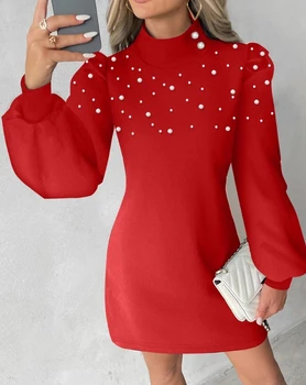 2024 M. Moterų Suknelės Pavasario Mados Perlų Dygliuotos Žibintų Rankovės Atsitiktinis Juoktis Kaklo Paprasto Ilgomis Rankovėmis Kasdien Linijos Mini Suknelė