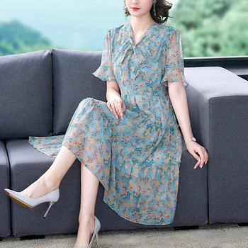 Vasaros Gėlių Šifono Drugelis Rankovės Lankas Apykaklės Midi Suknelė 2023 Moterys Naujų Korėjos Mados Šviesos Elegantiškas Bodycon Paplūdimio Sundress
