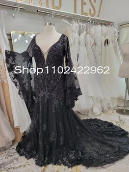 Tradicinis Black, Gothic Undinė Vestuvių Suknelės su Bell ilgomis Rankovėmis Fairytail Nėrinių Gėlių Trimitas Nuotakos Suknelė Plius Dydis